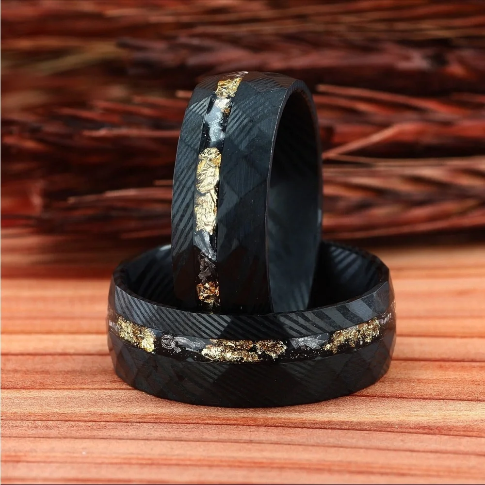 Black Hammered Damascus Steel Ring with Crushed Meteorite & Gold Foil